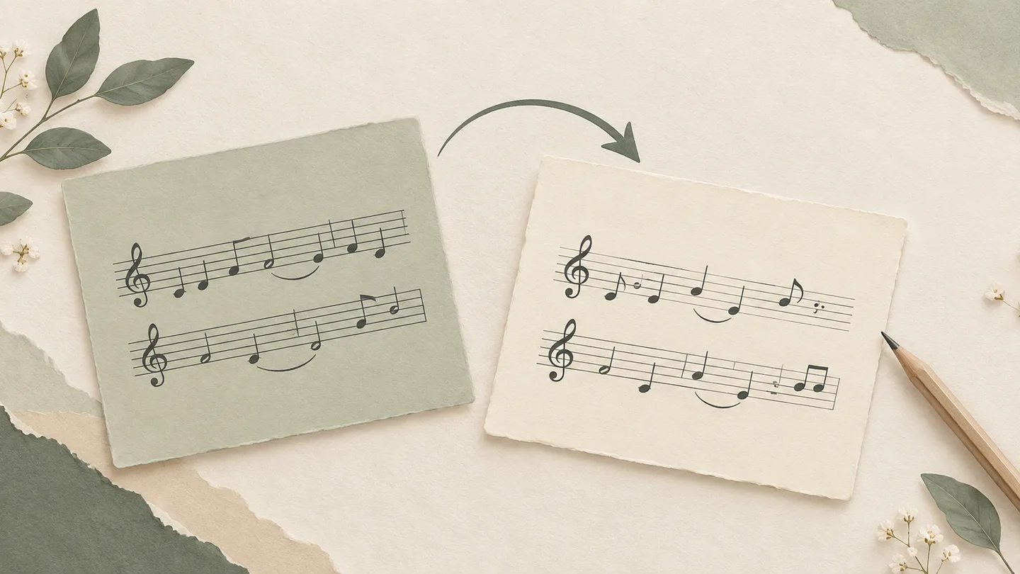 音楽のカードと矢印、鉛筆を組み合わせた曲の変更を表すイラスト