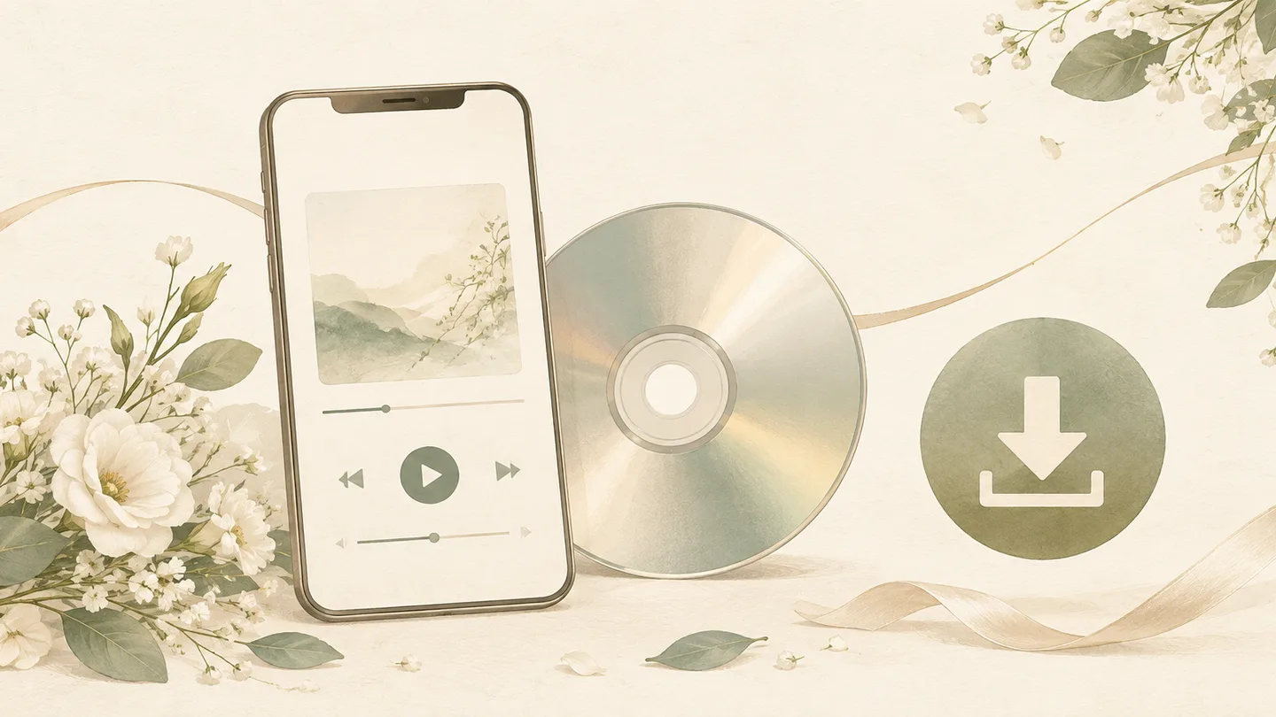 スマートフォンとCD、ダウンロードを表すイラスト