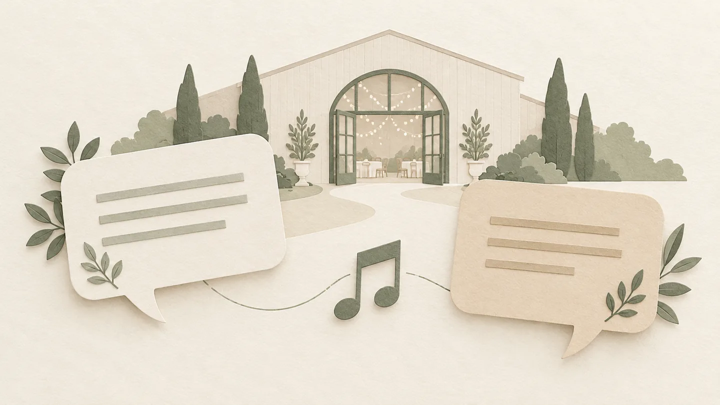 式場の建物と会話のカード、音符を組み合わせたイラスト